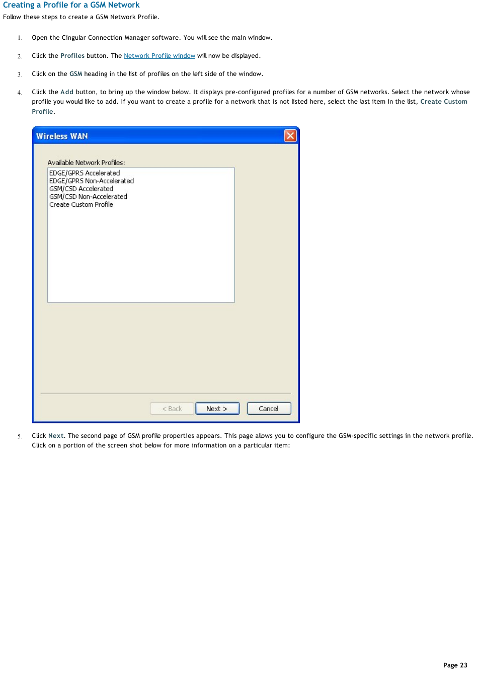 Creating a profile for a gsm network | Sony VGN-T360P User Manual | Page 23 / 43