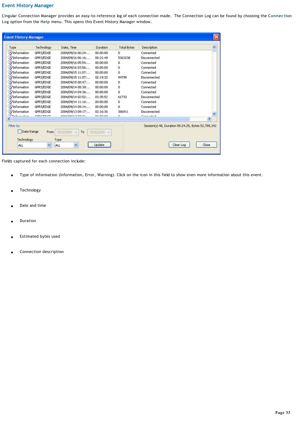Connection log, Event history manager | Sony VGN-T360P User Manual | Page 33 / 43