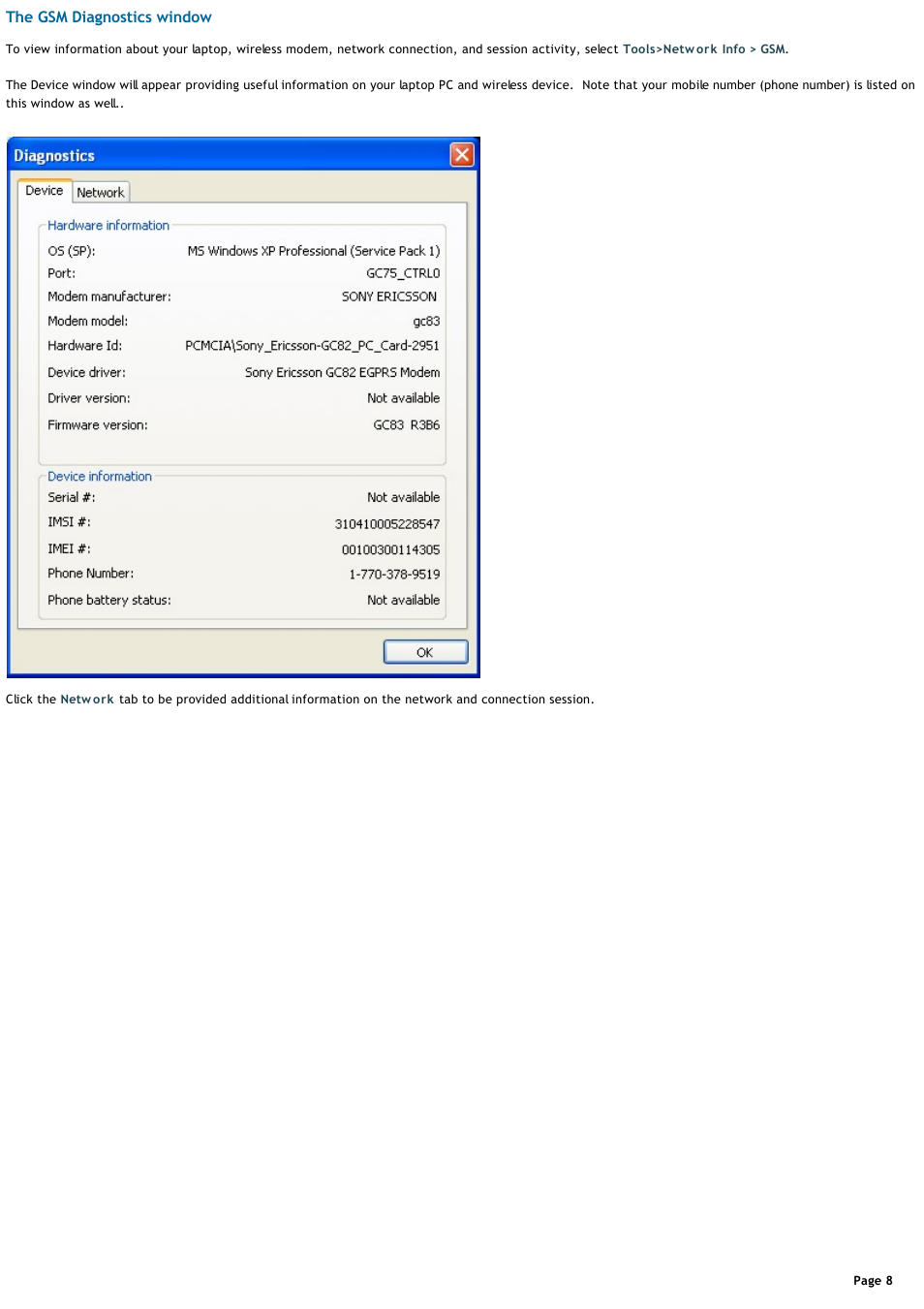 The gsm diagnostics window | Sony VGN-T360P User Manual | Page 8 / 43