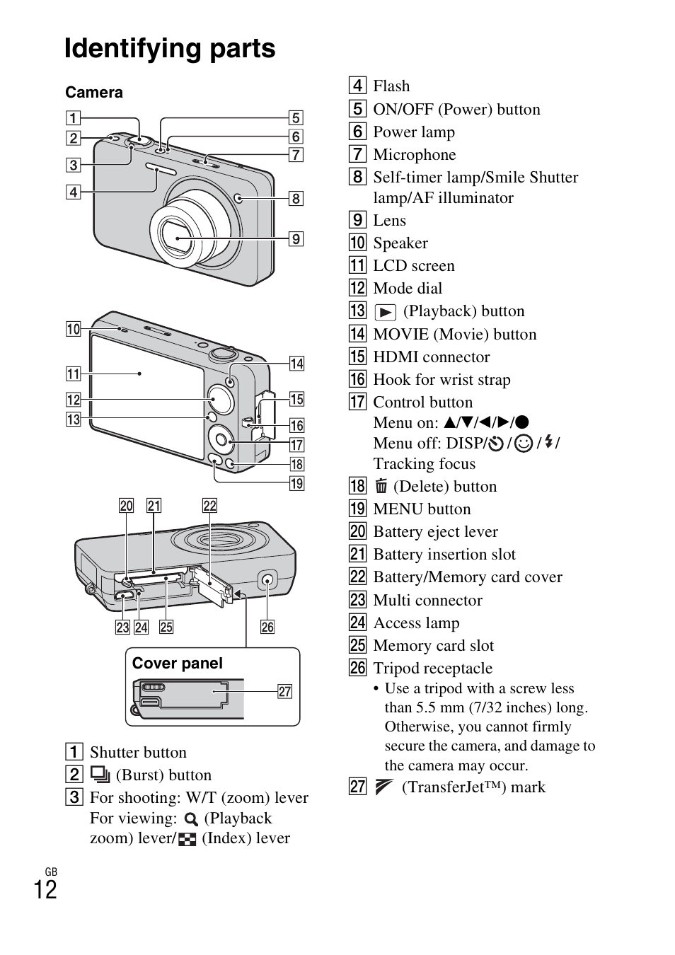 Identifying parts | Sony DSC-WX5 User Manual | Page 12 / 68