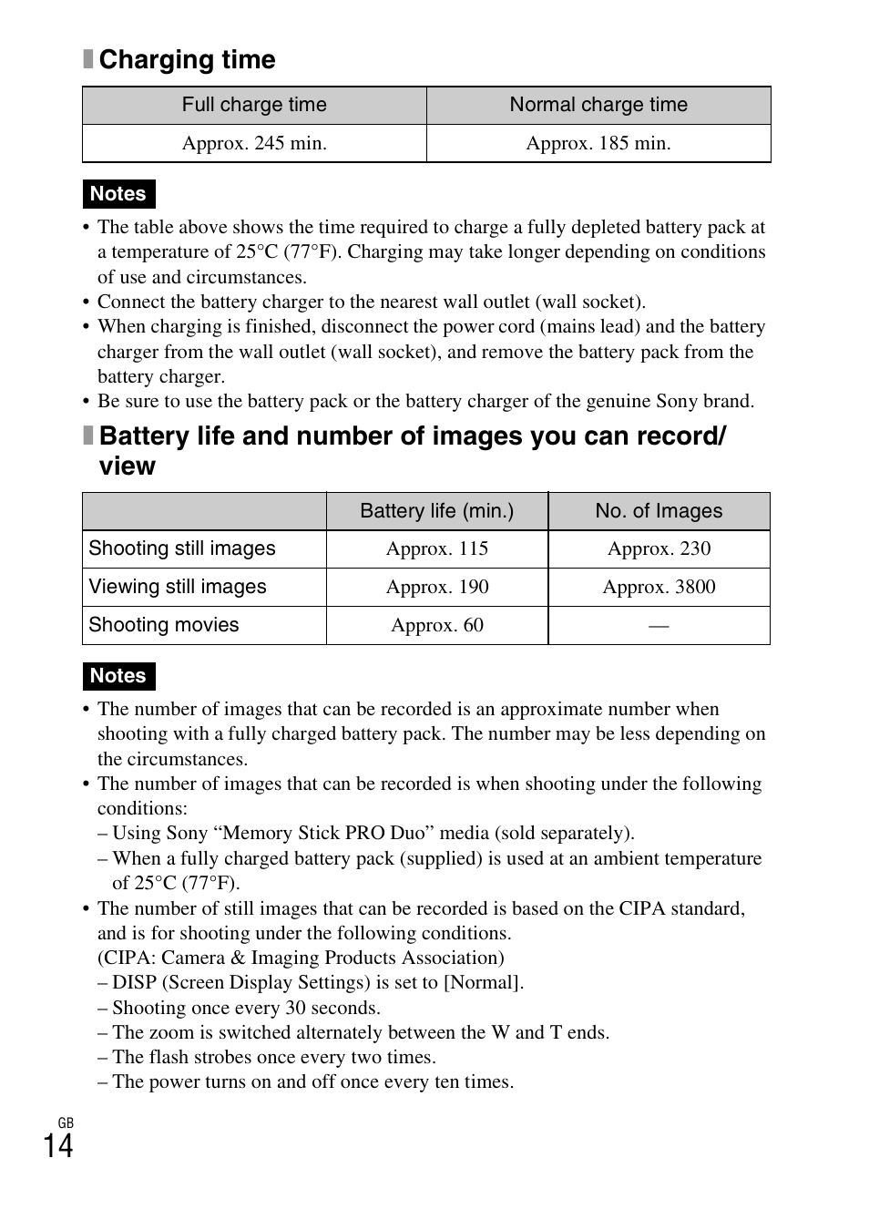 Xcharging time | Sony DSC-WX5 User Manual | Page 14 / 68