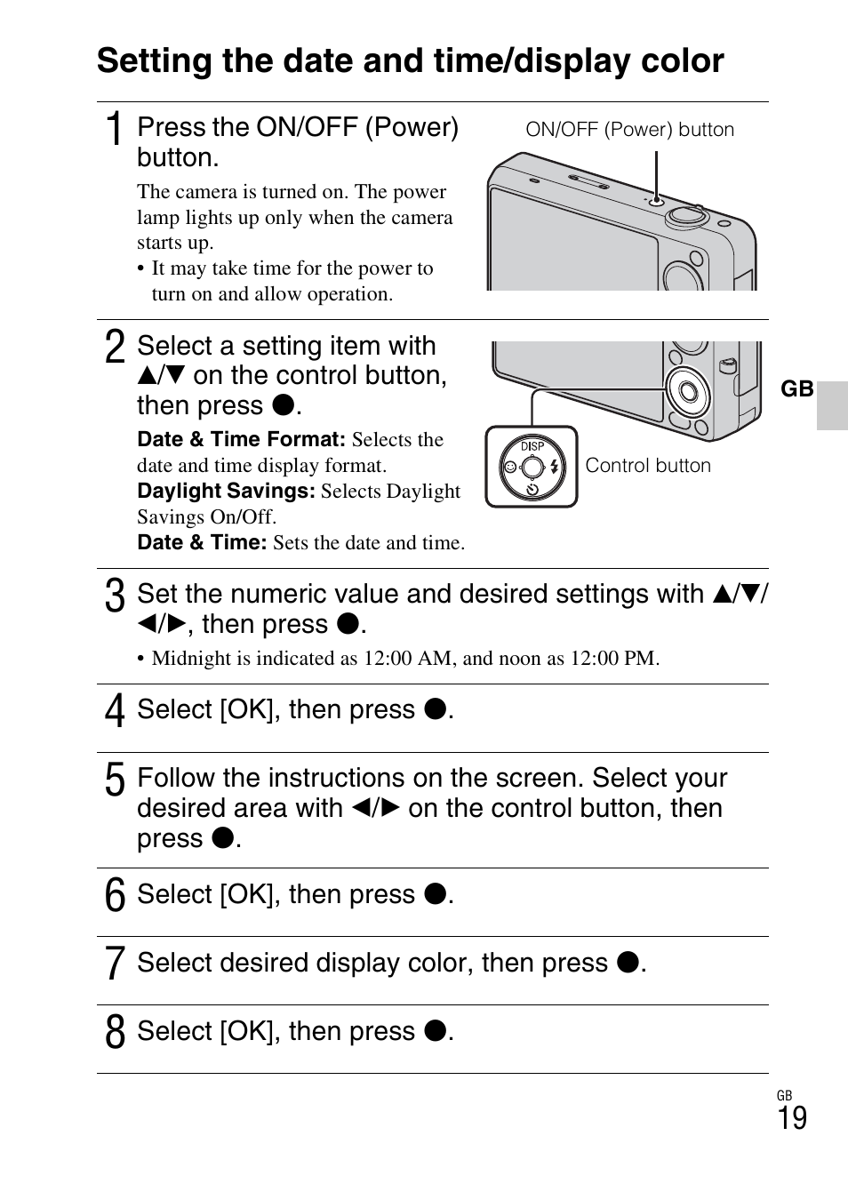 Setting the date and time/display color | Sony DSC-WX5 User Manual | Page 19 / 68