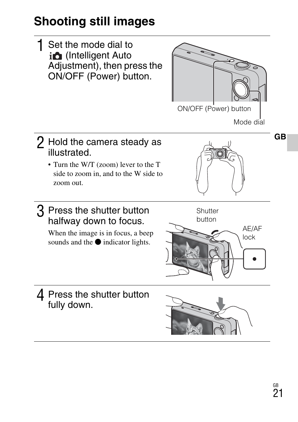Shooting still images | Sony DSC-WX5 User Manual | Page 21 / 68