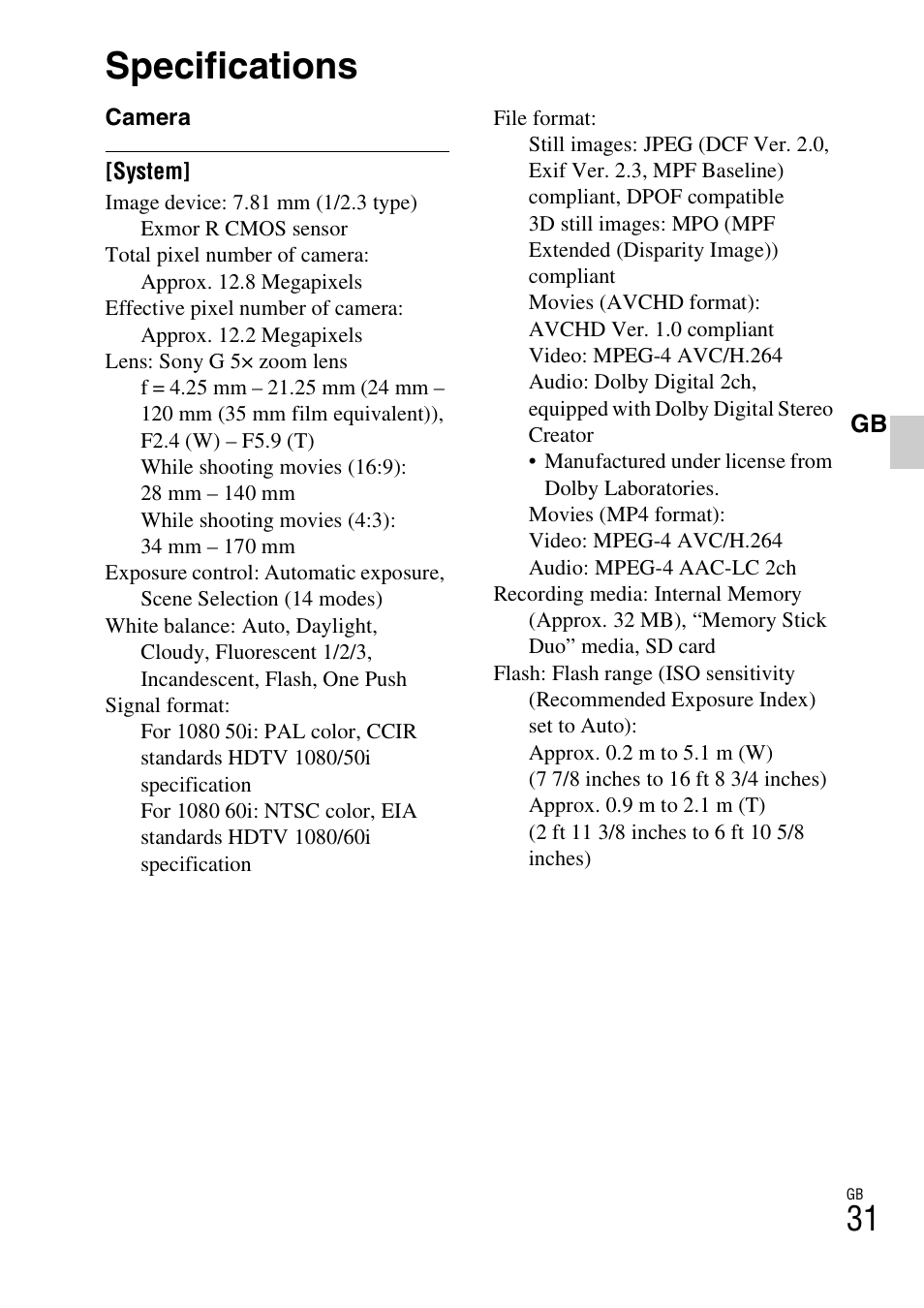 Specifications | Sony DSC-WX5 User Manual | Page 31 / 68