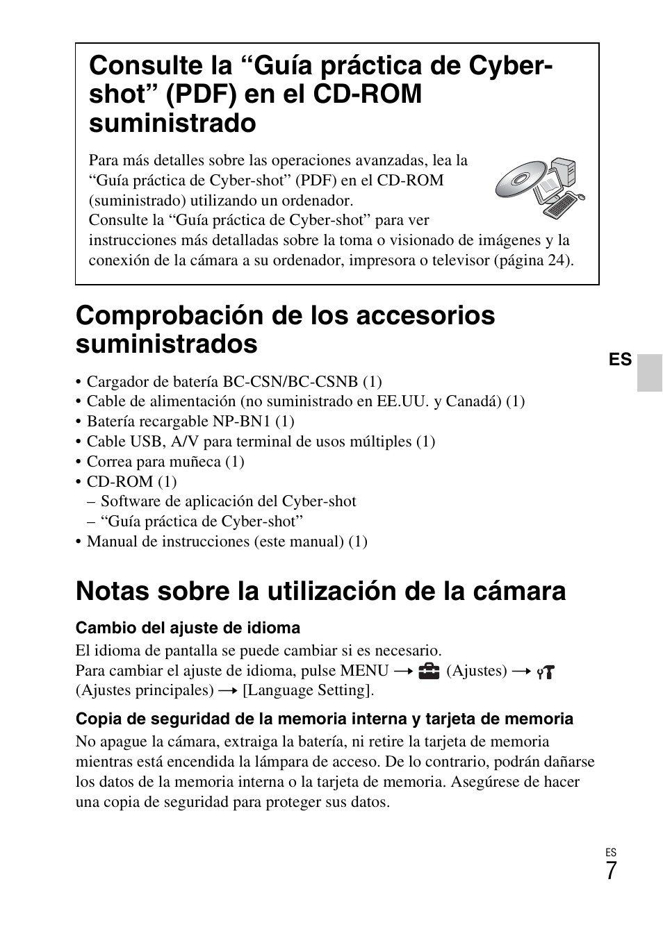 Comprobación de los accesorios suministrados, Notas sobre la utilización de la cámara | Sony DSC-WX5 User Manual | Page 39 / 68