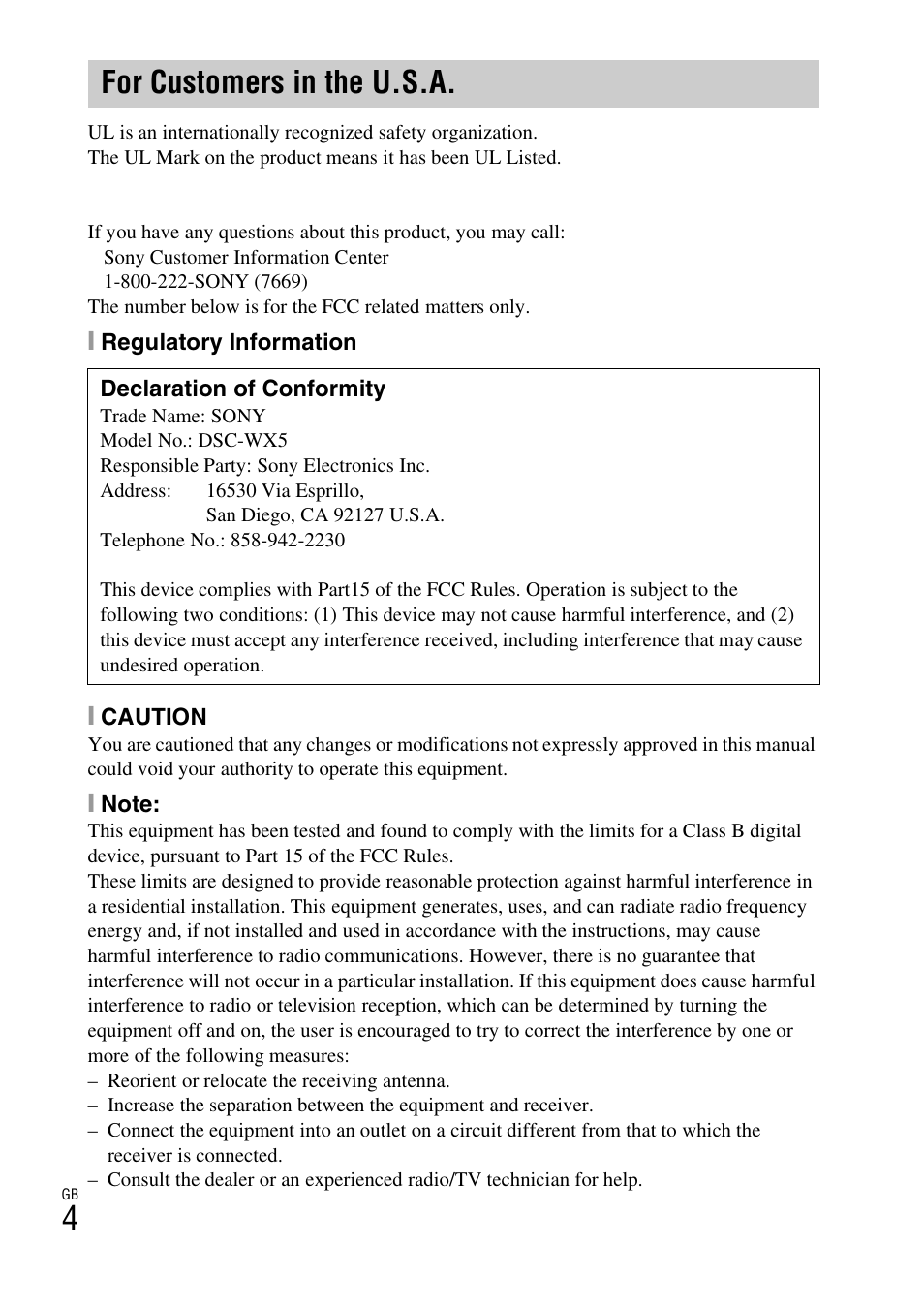 For customers in the u.s.a | Sony DSC-WX5 User Manual | Page 4 / 68