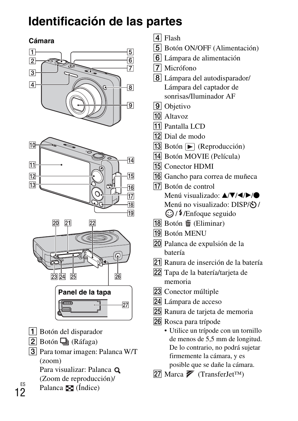 Identificación de las partes | Sony DSC-WX5 User Manual | Page 44 / 68