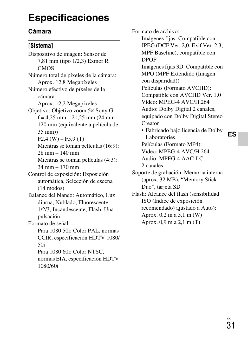Especificaciones | Sony DSC-WX5 User Manual | Page 63 / 68