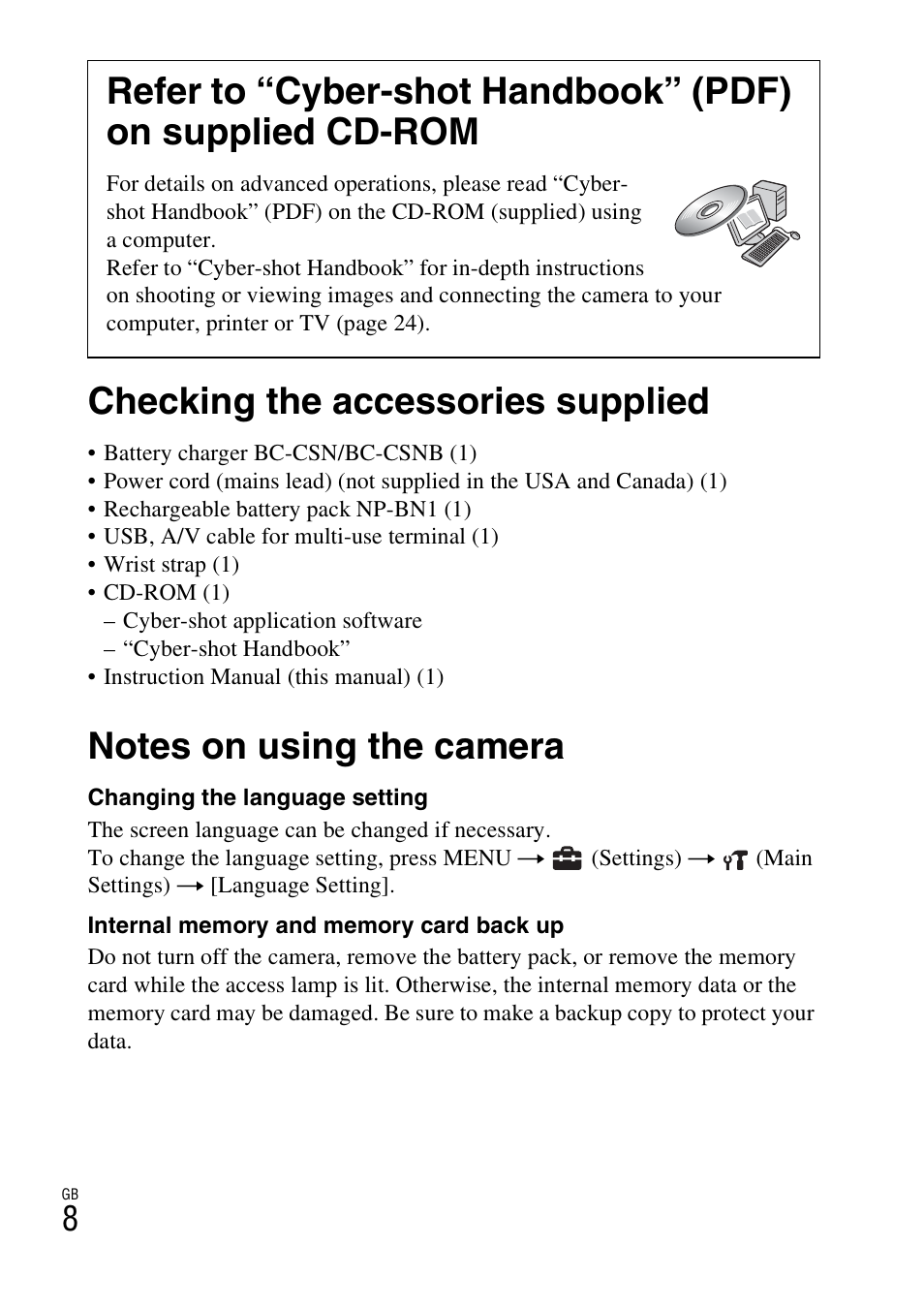 Checking the accessories supplied, Notes on using the camera | Sony DSC-WX5 User Manual | Page 8 / 68