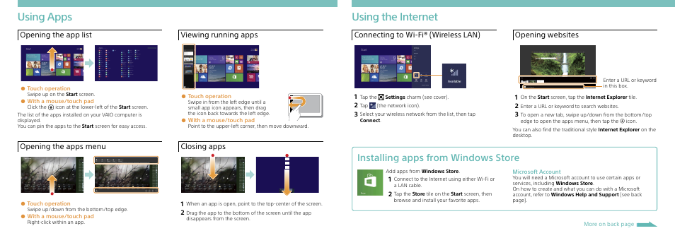 Using apps, Using the internet, Installing apps from windows store | Opening the app list, Opening the apps menu, Viewing running apps, Closing apps, Connecting to wi-fi ® (wireless lan), Opening websites | Sony SVD13223CXW User Manual | Page 2 / 2