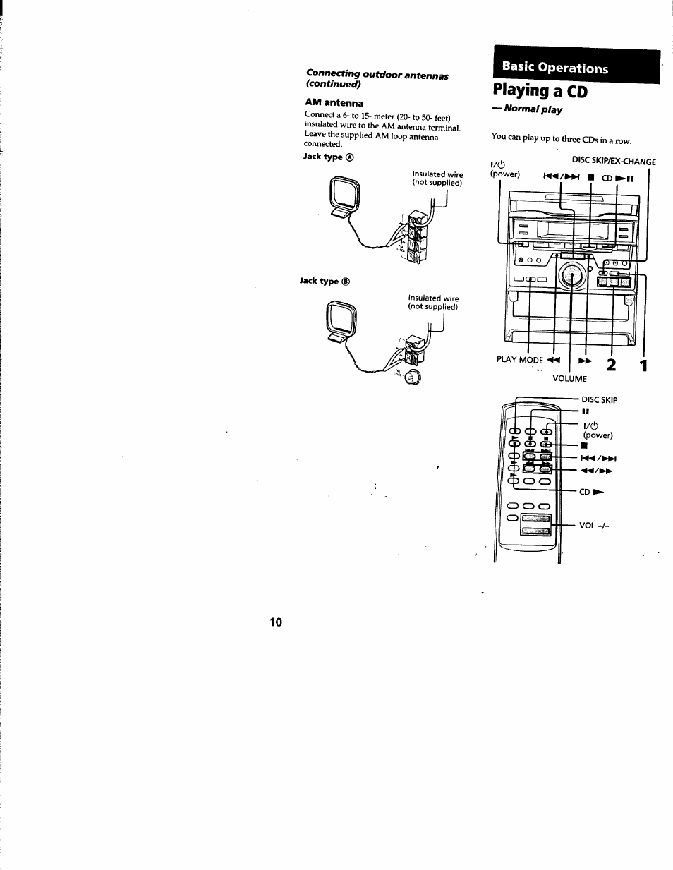 Am antenna, Jack type, Jack type (d | Playing a cd, Power), Basic operations | Sony MHC-RXD3 User Manual | Page 10 / 35