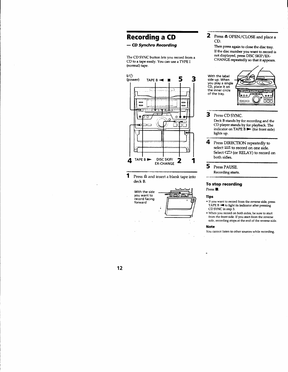 Recording a cd, To stop recording, Tips | Note | Sony MHC-RXD3 User Manual | Page 12 / 35