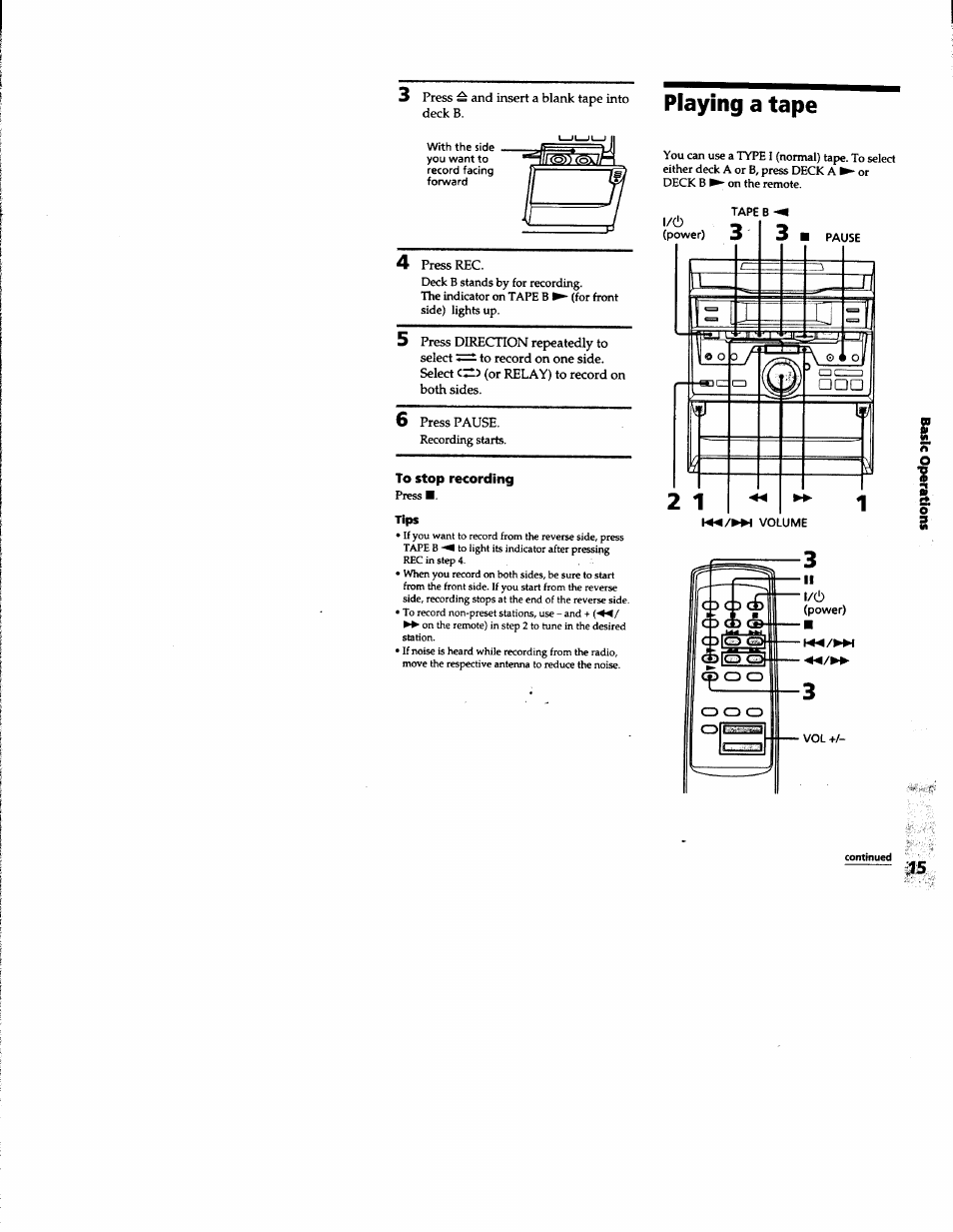 To stop recording, Tips, Playing a tape | Sony MHC-RXD3 User Manual | Page 15 / 35