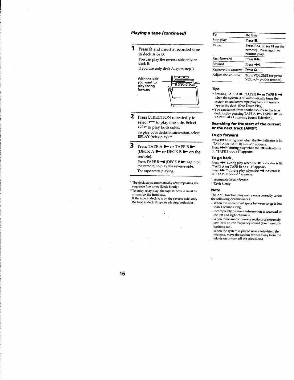 Tips, To go forward, To go back | Note | Sony MHC-RXD3 User Manual | Page 16 / 35