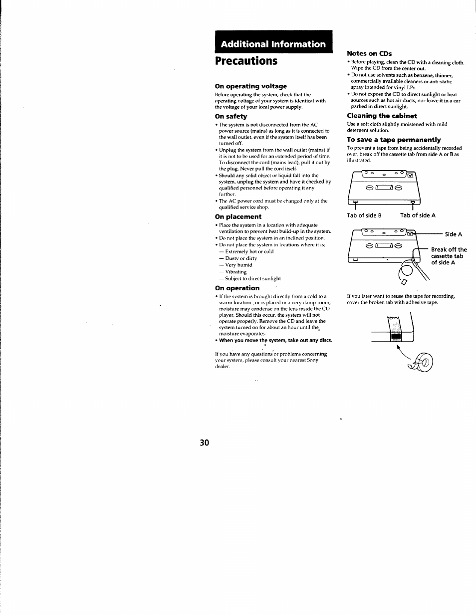 Precautions, On operating voltage, On safety | On placement, On operation, Notes on cds, Cleaning the cabinet, To save a tape permanently, Additional information | Sony MHC-RXD3 User Manual | Page 30 / 35