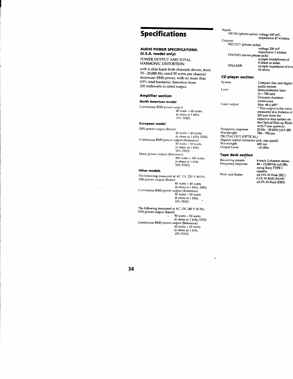 Specifications, Audio power specifications, Amplifier section | Sony MHC-RXD3 User Manual | Page 34 / 35
