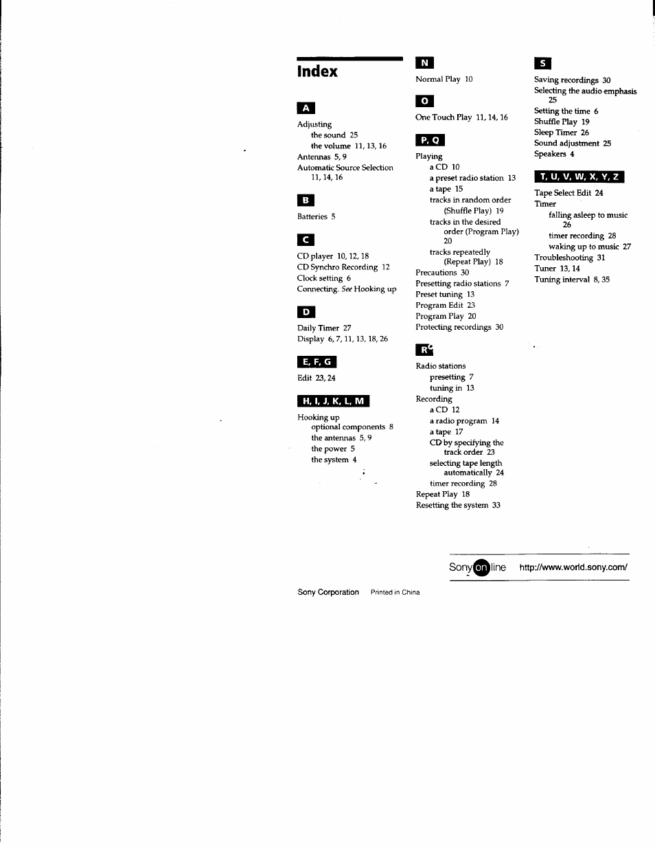 Index, H, i, j, k. l, m, T, u, v, w, x, y, z | Sony MHC-RXD3 User Manual | Page 35 / 35