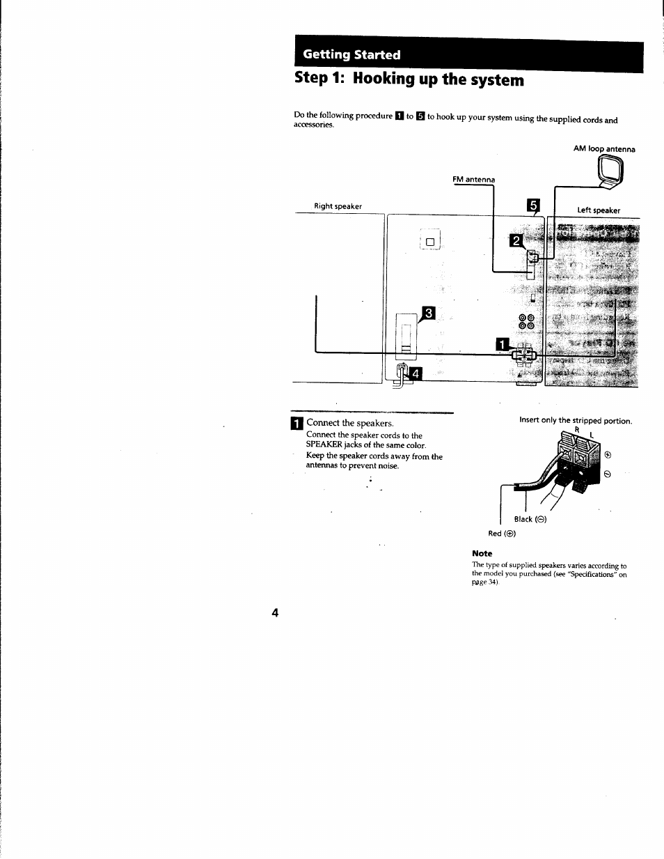 Step 1: hooking up the system, I connect the speakers, Note | Getting started | Sony MHC-RXD3 User Manual | Page 4 / 35