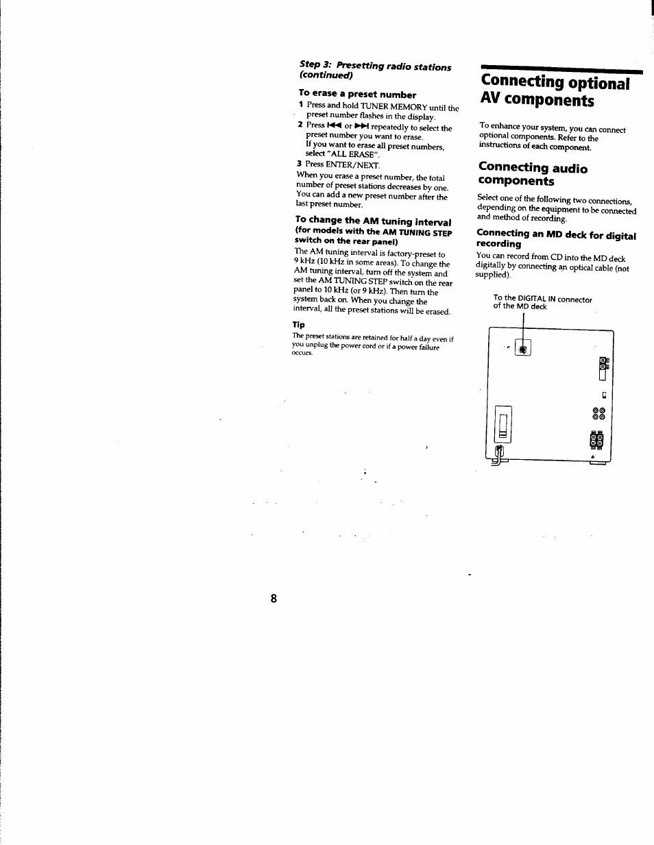 To erase a preset number, Connecting optional av components, Connecting an md deck for digital recording | Connecting audio components | Sony MHC-RXD3 User Manual | Page 8 / 35