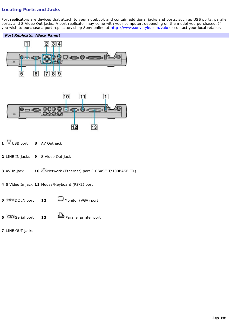 Locating ports and jacks, Connect the port replicator to the computer. see, For more information | Sony PCG-GRV670 User Manual | Page 100 / 162