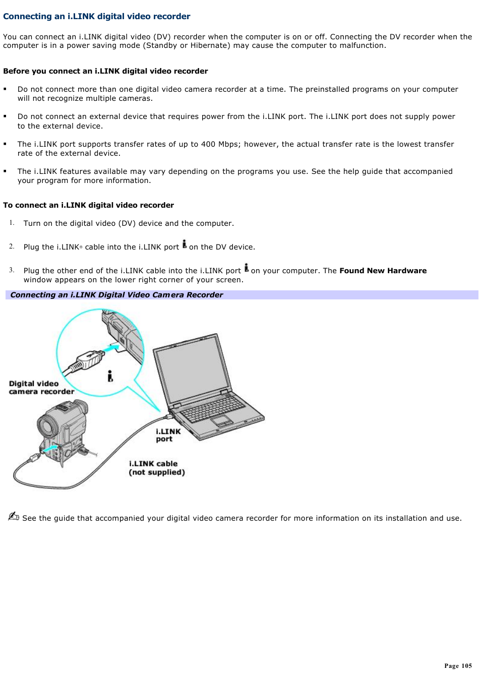 Connecting an i.link digital video recorder | Sony PCG-GRV670 User Manual | Page 105 / 162