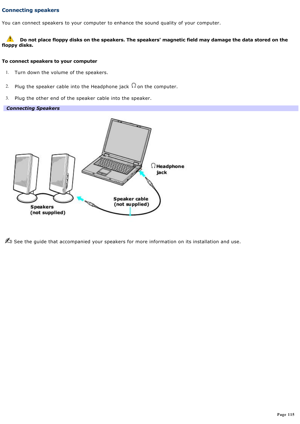 Connecting speakers | Sony PCG-GRV670 User Manual | Page 115 / 162