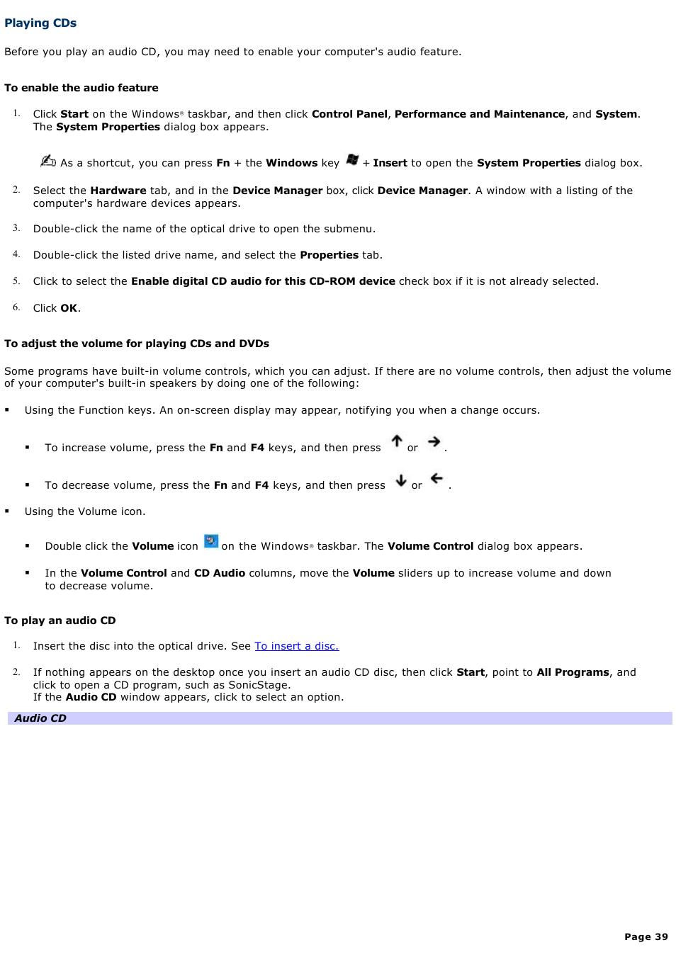 Playing cds | Sony PCG-GRV670 User Manual | Page 39 / 162