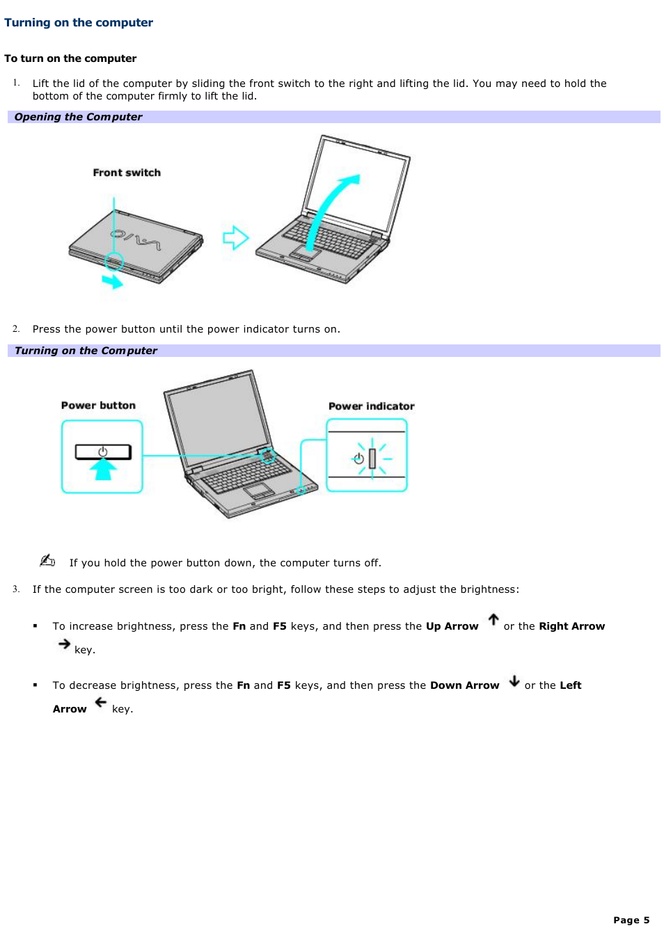 Turning on the computer | Sony PCG-GRV670 User Manual | Page 5 / 162
