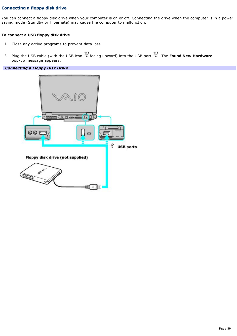 Connecting a floppy disk drive | Sony PCG-GRV670 User Manual | Page 89 / 162