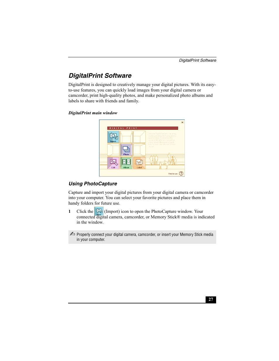 Digitalprint software, Using photocapture | Sony PCG-R505ESP User Manual | Page 119 / 222