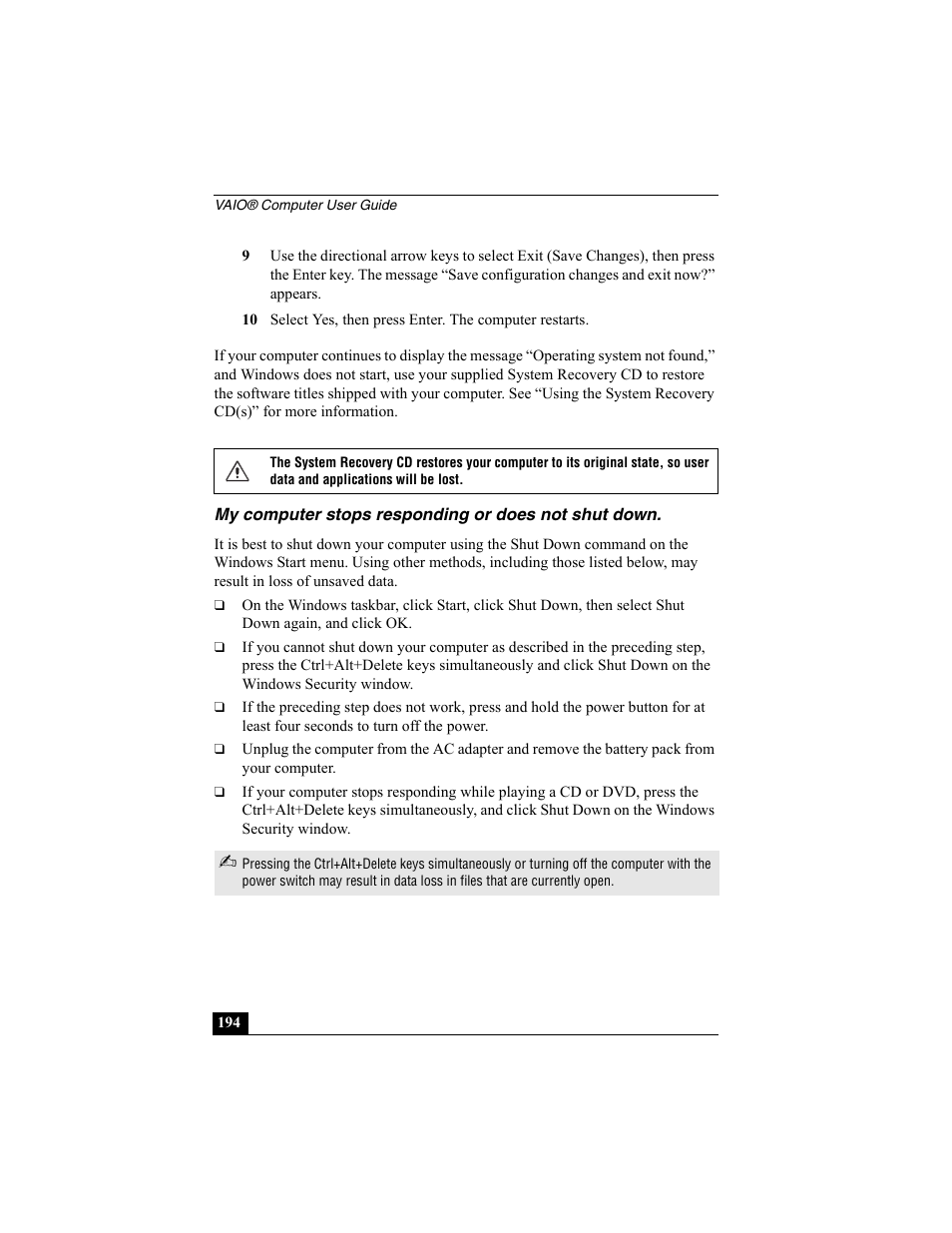 My computer stops responding or does not shut down | Sony PCG-R505ESP User Manual | Page 194 / 222