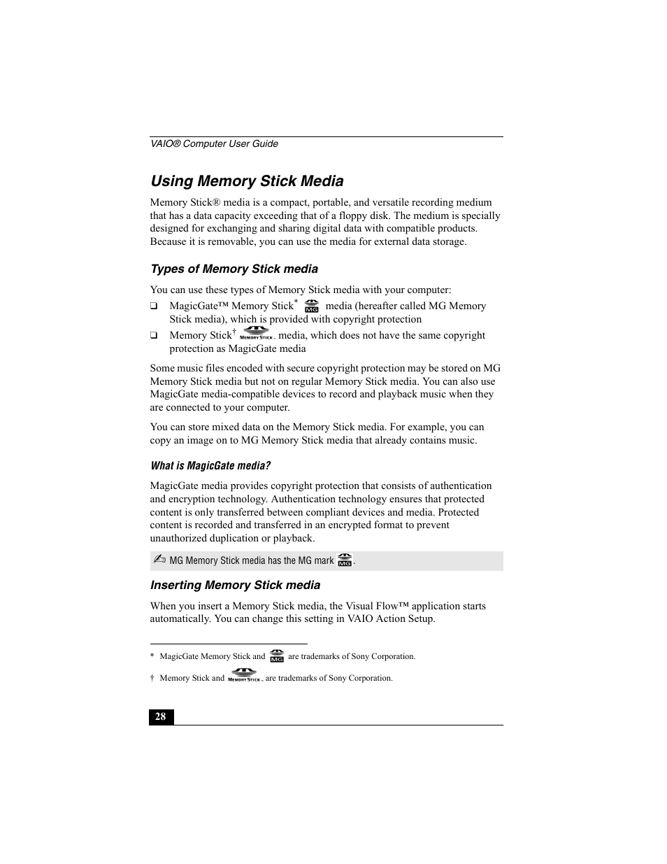 Using memory stick media, Types of memory stick media, Inserting memory stick media | Sony PCG-R505ESP User Manual | Page 28 / 222