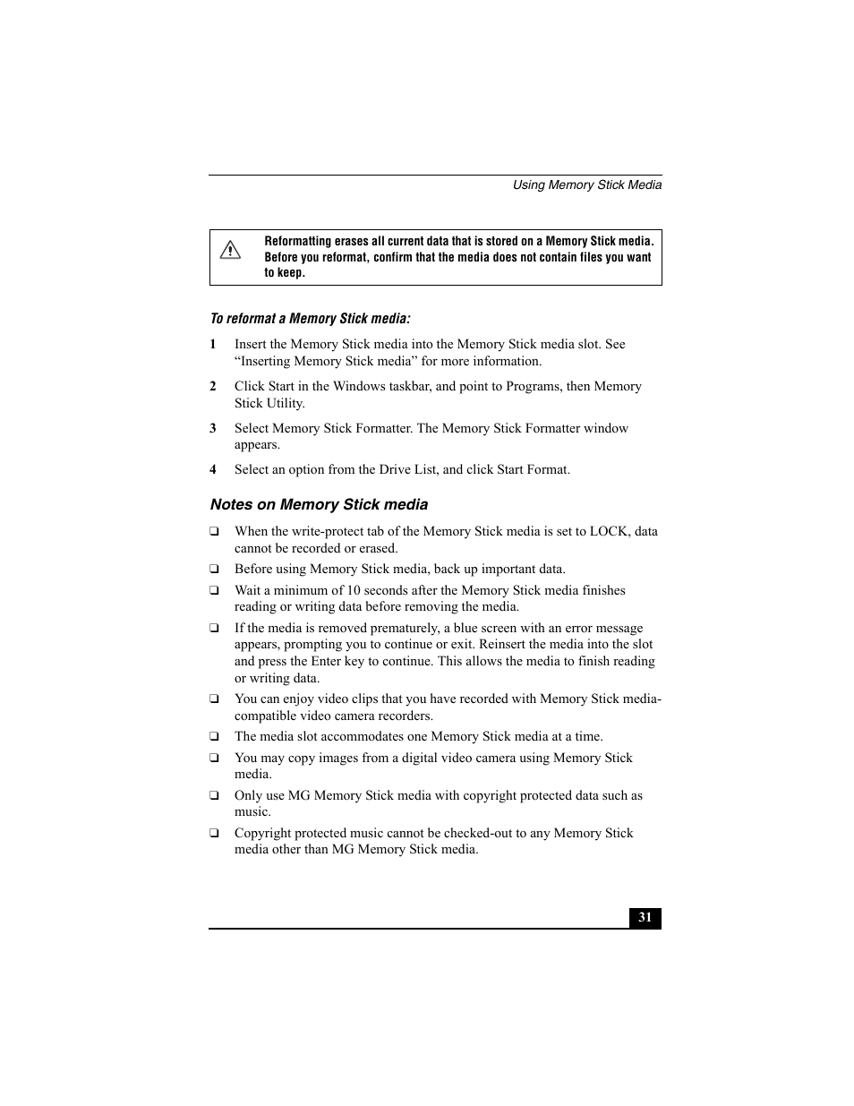 Notes on memory stick media | Sony PCG-R505ESP User Manual | Page 31 / 222