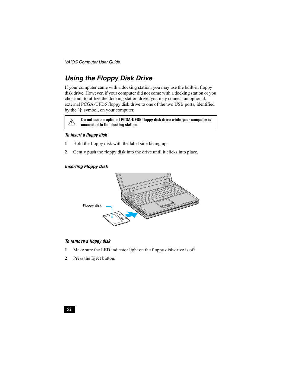 Using the floppy disk drive | Sony PCG-R505ESP User Manual | Page 52 / 222