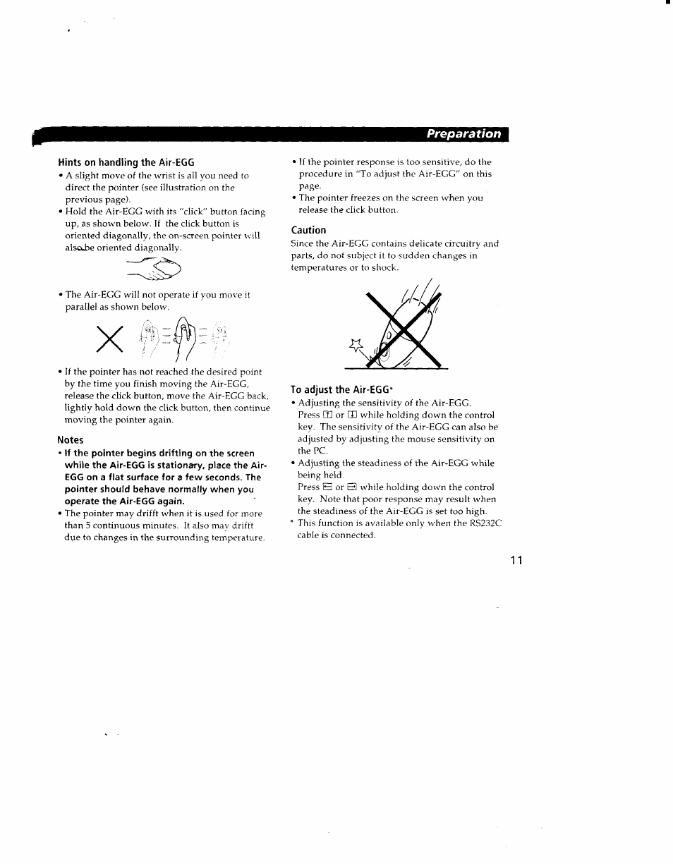 Hints on handling the air-egg, Notes, Caution | To adjust the air-egg | Sony CAV-1 User Manual | Page 11 / 31