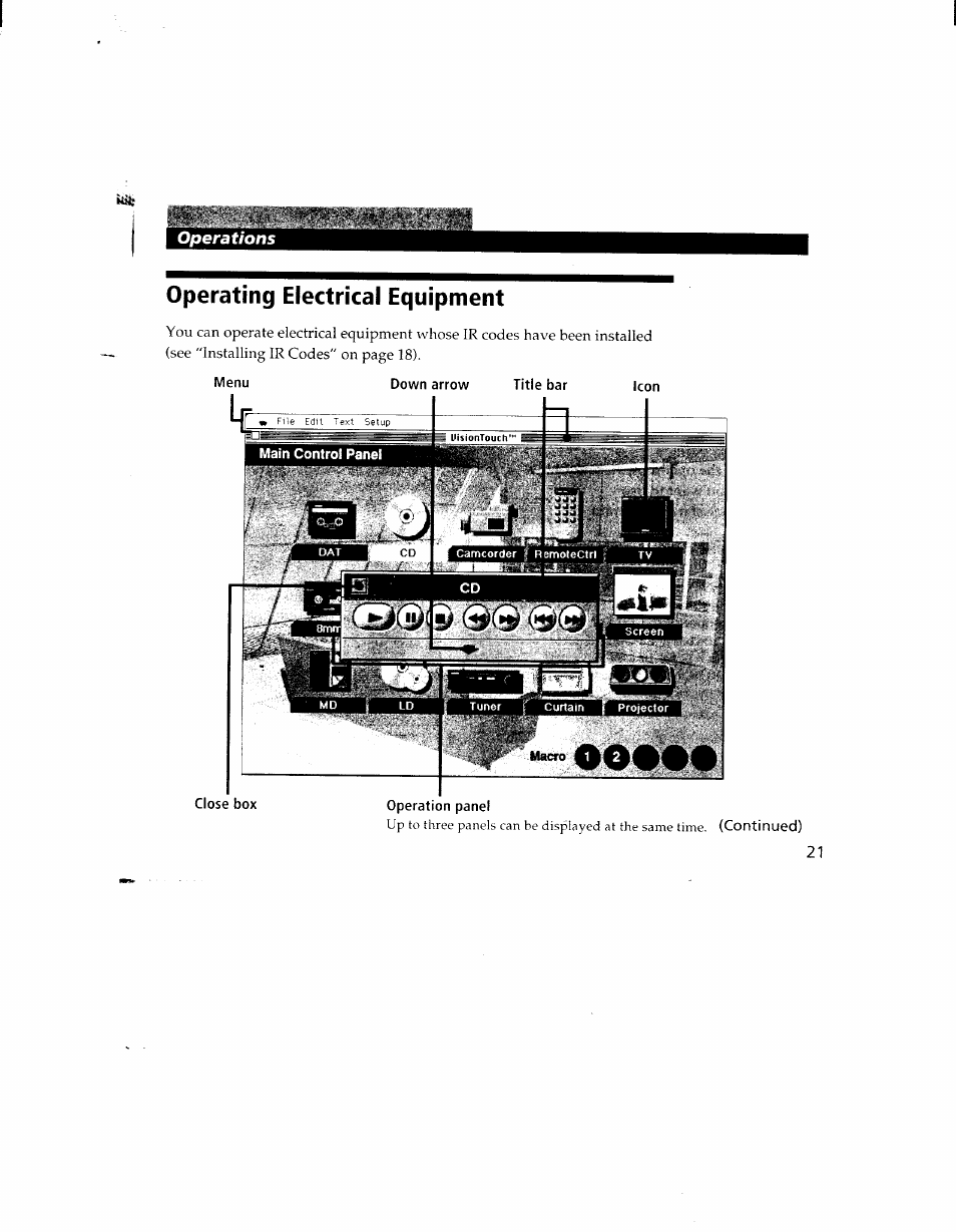 Itii, Operating electrical equipment, Menu | Close box | Sony CAV-1 User Manual | Page 21 / 31