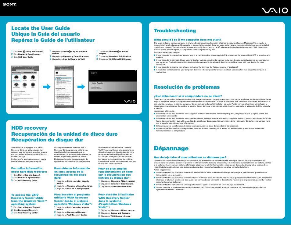 Dépannage, Troubleshooting, Resolución de problemas | Sony VGN-FE890N User Manual | Page 2 / 2