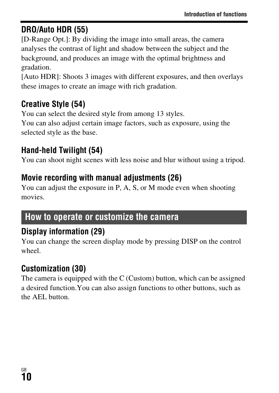 How to operate or customize the camera | Sony DSC-RX1R User Manual | Page 10 / 76
