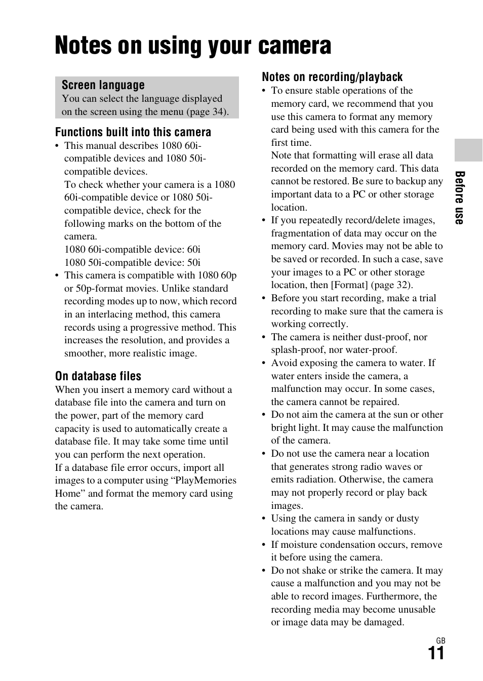 Before use, Notes on using your camera | Sony DSC-RX1R User Manual | Page 11 / 76