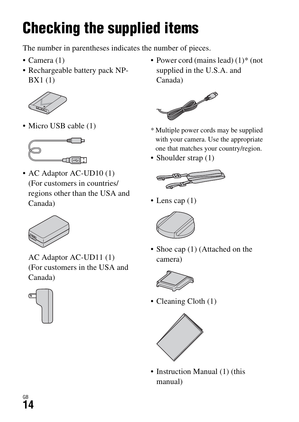 Checking the supplied items, Before use | Sony DSC-RX1R User Manual | Page 14 / 76