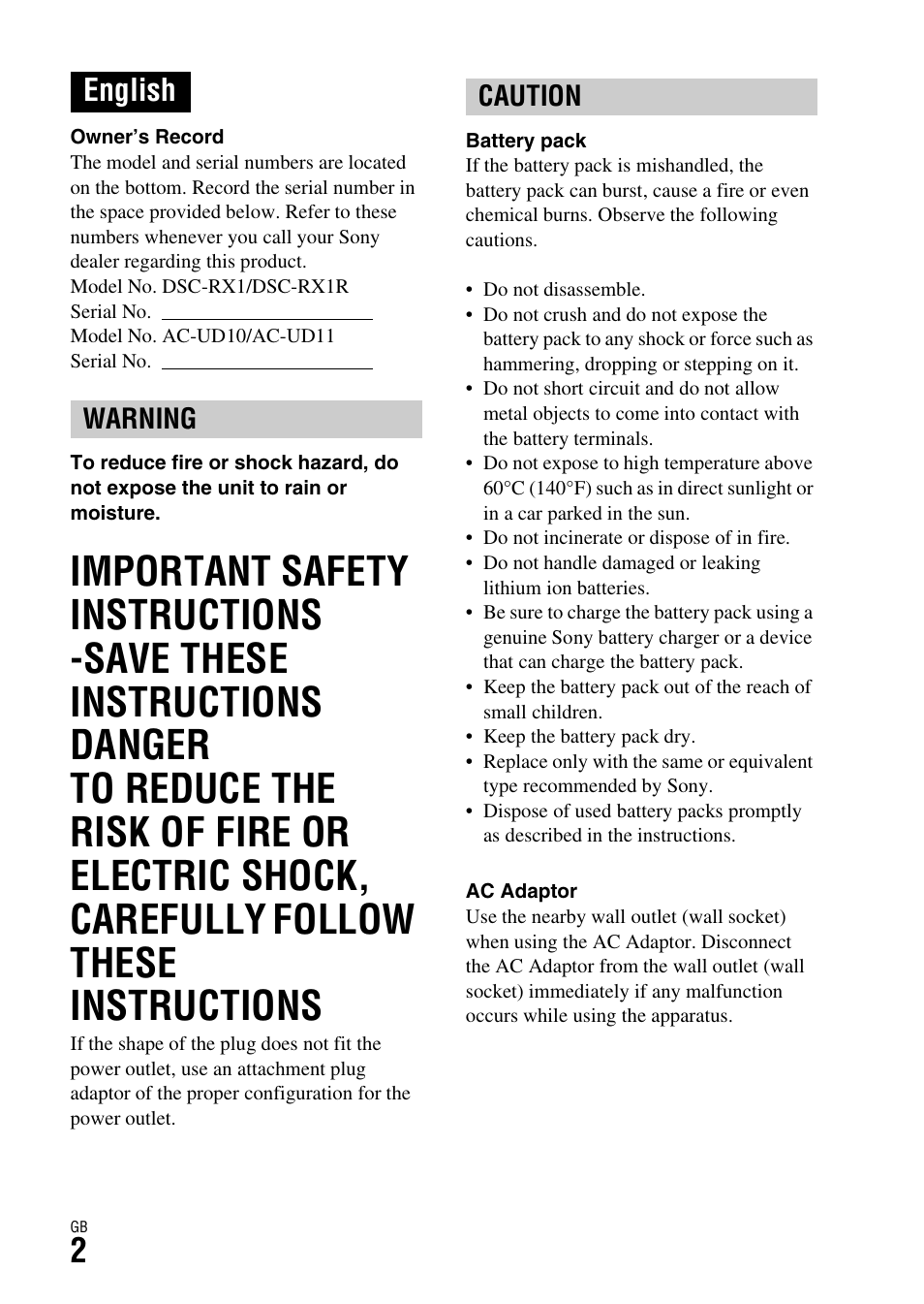 English, Warning caution | Sony DSC-RX1R User Manual | Page 2 / 76