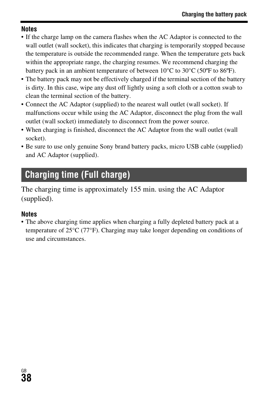 Charging time (full charge) | Sony DSC-RX1R User Manual | Page 38 / 76