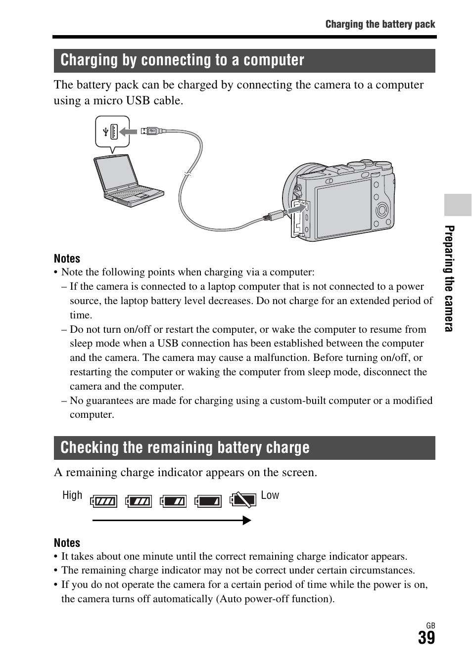 Charging by connecting to a computer, Checking the remaining battery charge, Ing (39) | Sony DSC-RX1R User Manual | Page 39 / 76