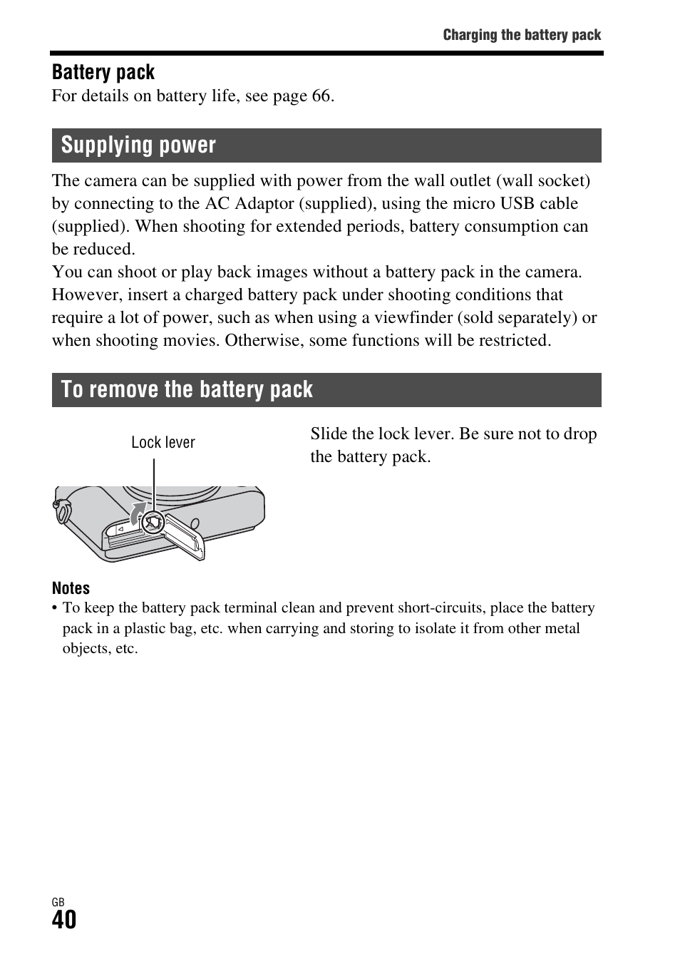 Supplying power, To remove the battery pack, Supplying power to remove the battery pack | Battery pack | Sony DSC-RX1R User Manual | Page 40 / 76