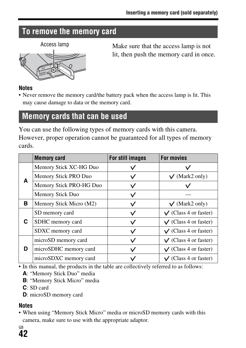To remove the memory card, Memory cards that can be used | Sony DSC-RX1R User Manual | Page 42 / 76