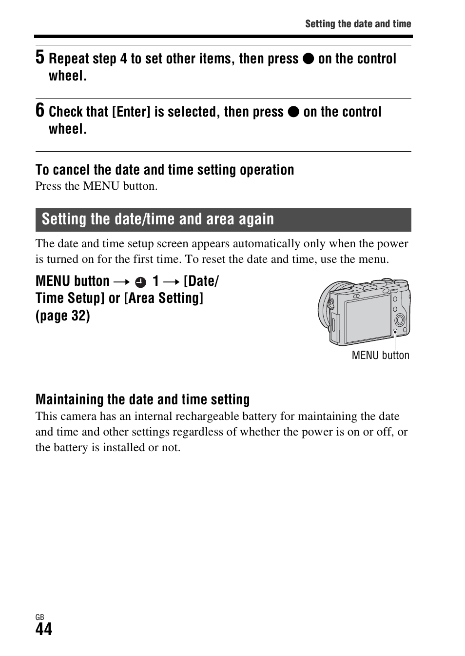 Setting the date/time and area again | Sony DSC-RX1R User Manual | Page 44 / 76