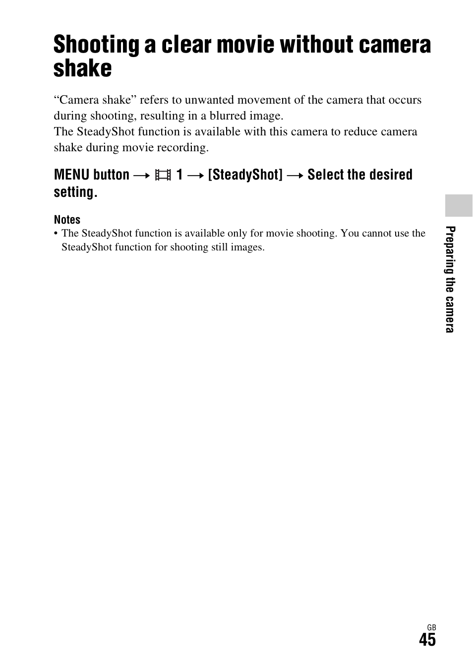 Shooting a clear movie without camera shake | Sony DSC-RX1R User Manual | Page 45 / 76