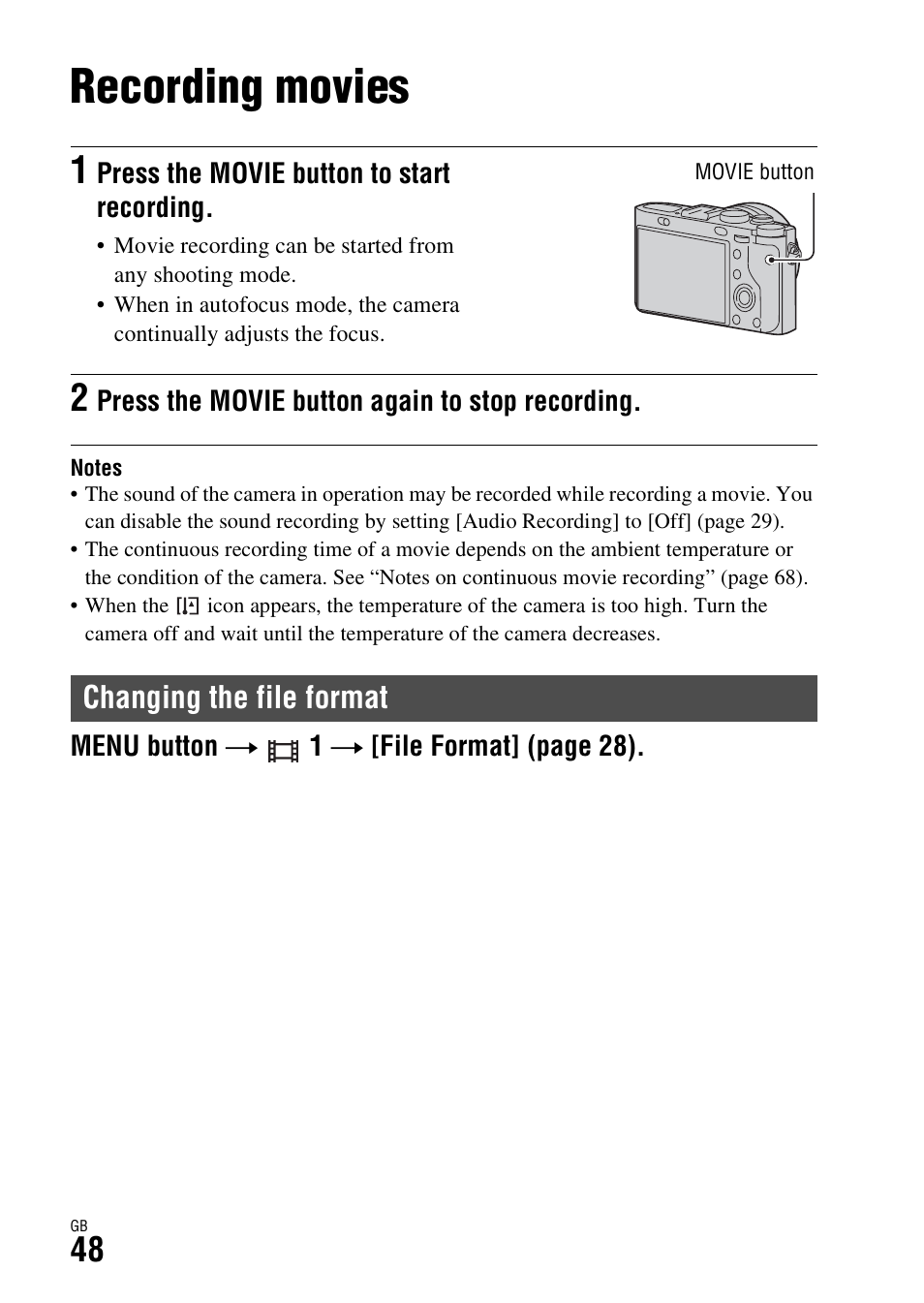 Recording movies, Changing the file format | Sony DSC-RX1R User Manual | Page 48 / 76