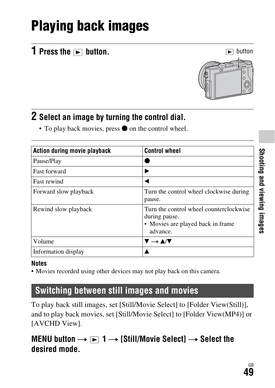 Playing back images, Switching between still images and movies, Press the button | Select an image by turning the control dial | Sony DSC-RX1R User Manual | Page 49 / 76