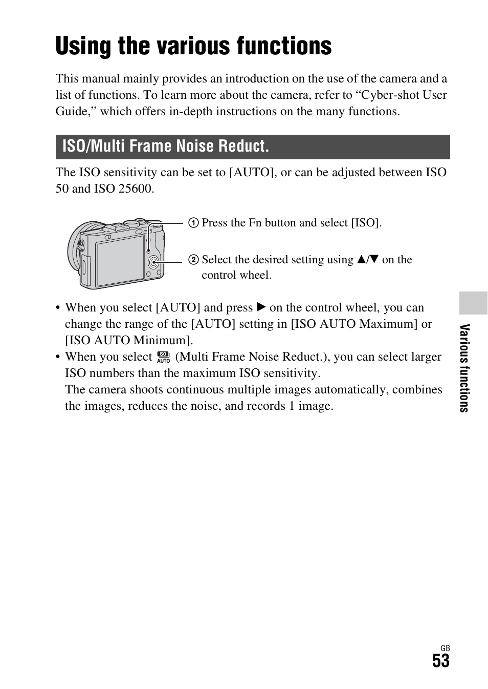 Various functions, Using the various functions, Iso/multi frame noise reduct | O (53) | Sony DSC-RX1R User Manual | Page 53 / 76